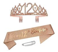 Maigendoo 12 Birthday Decoration Kit Rose Gold Birthday Satin Sash Crown Rhinestone Tiara Set Birthday Headband Gifts for It's My 12th Birthday Sash and Tiara Party Favor Supplies for Women Girls