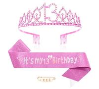 Maigendoo 13th Birthday Crown and Sash Princess Crown Queen Tiara Rhinestone Headbands Birthday Stuff Accessories Tiara and Sashes Decorations Set Girls 13 Years Old Party Supplies, Pink