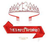 Maigendoo 13th Birthday Crown and Sash Princess Crown Queen Tiara Rhinestone Headbands Birthday Stuff Accessories Tiara and Sashes Decorations Set Girls 13 Years Old Party Supplies, Red