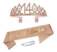 Maigendoo 14 Birthday Decoration Kit Rose Gold Birthday Satin Sash Crown Rhinestone Tiara Set Birthday Headband Gifts for It's My 14th Birthday Sash and Tiara Party Favor Supplies for Women Girls