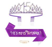 Maigendoo 15th Birthday Crown and Sash Princess Crown Queen Tiara Rhinestone Headbands Birthday Stuff Accessories Tiara and Sashes Decorations Set Girls 15 Years Old Party Supplies, Purple