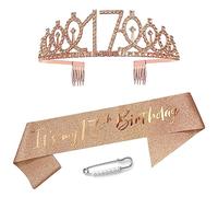 Maigendoo 17 Birthday Decoration Kit Rose Gold Birthday Satin Sash Crown Rhinestone Tiara Set Birthday Headband Gifts for It's my 17th Birthday Sash and Tiara Party Favor Supplies for Women Girls