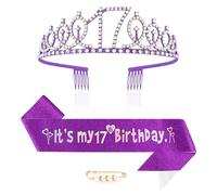 Maigendoo 17th Birthday Crown and Sash Princess Crown Queen Tiara Rhinestone Headbands Birthday Stuff Accessories Tiara and Sashes Decorations Set Girls 17 Years Old Party Supplies, Purple