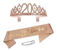 Maigendoo 20 Birthday Decoration Kit Rose Gold Birthday Satin Sash Crown Rhinestone Tiara Set Birthday Headband Gifts for It's My 20th Birthday Sash and Tiara Party Favor Supplies for Women Girls