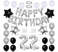 Maigendoo 22 Balloons Set - Happy Birthday Banner, Heart Star Foil Mylar & Latex Balloons, Swirl Decorations for 22nd Birthday Party, Silver Black