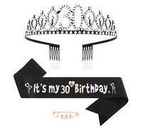 Maigendoo 30th Birthday Crown and Sash Princess Crown Queen Tiara Rhinestone Headbands Birthday Stuff Accessories Tiara and Sashes Decorations Set Girls 30 Years Old Party Supplies, Black
