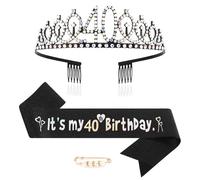 Maigendoo 40th Birthday Crown and Sash Princess Crown Queen Tiara Rhinestone Headbands Birthday Stuff Accessories Tiara and Sashes Decorations Set Girls 40 Years Old Party Supplies, Black