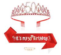 Maigendoo 50th Birthday Crown and Sash Princess Crown Queen Tiara Rhinestone Headbands Birthday Stuff Accessories Tiara and Sashes Decorations Set Girls 50 Years Old Party Supplies, Red