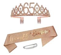 Maigendoo 65 Birthday Decoration Kit Rose Gold Birthday Satin Sash Crown Rhinestone Tiara Set Birthday Headband Gifts for It's my 65th Birthday Sash and Tiara Party Favor Supplies for Women Girls