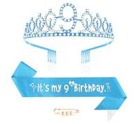 Maigendoo 9th Birthday Crown and Sash Princess Crown Queen Tiara Rhinestone Headbands Birthday Stuff Accessories Tiara and Sashes Decorations Set Girls 9 Years Old Party Supplies, Blue
