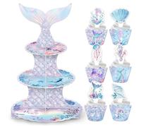MAIGO 25PCS Mermaid Party Decorations - Mermaid Cake Stand 3 Tier 12PCS Mermaid Tail Cupcake Stand and 12PCS Mermaid Cake Surround for Girls Underwater Theme Party Little Mermaid Baby Shower Birthday