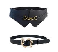 MAIGO 2pcs Belts for Women - Leather and Gothic Belt Set, Black Elastic Vintage Waist Belts with Snake Buckle, Stylish Accessories for Dresses and Jeans