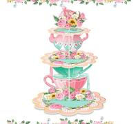 MAIGO 3 Tier Floral Teapot Paper Tea Party Decorations - Afternoon Tea Decorations Stands, Princess Afternoon Tea Stands Party Decorations, Vintage Cardboard Cup Cake Stands for Afternoon Tea