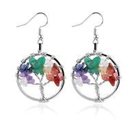 MAIGO Crystal Tree of Life Earrings - Chakra Drop Ladies Earrings, Rose Quartz Hook Tree of Life Jewellery Gifts (Silver)