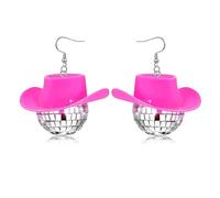 MAIGO Disco Ball Earrings - Retro Glass Sparkling Disco Ball Drop Earrings 70s 80s, Mirrorball Earrings for Cowgirl Bachelorette Party Womens Jewelry Accessories Gifts, Disco Earrings with Pink Hat