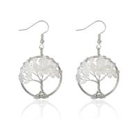MAIGO Tree of Life Earrings - Crystal Earrings for Women, Chakra Crystals Tree of Life Drop Earrings, Ladies Earrings for Pierced Ears, Rose Quartz Hook Earrings, Tree of Life Jewellery Gifts (White)