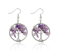 MAIGO Tree of Life Earrings - Crystal Earrings for Women, Chakra Crystals Tree of Life Drop Earrings, Ladies Earrings for Pierced Ears, Rose Quartz Hook Earrings, Tree of Life Jewellery Gifts (Purple)