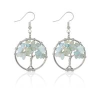 MAIGO Tree of Life Earrings - Crystal Earrings for Women, Chakra Crystals Tree of Life Drop Earrings, Ladies Earrings for Pierced Ears, Rose Quartz Hook Earrings, Tree of Life Jewellery Gifts (Blue)