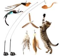 Maiguangta Interactive Cat Toys Set with Simulation of Birds, Wands for Cats, Base with Self-Holding Suction Cups, Includes 6 Detachable Spare Feathers