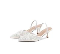 MAIJED Embroidered Kitten Heels for Women Pointed Toe Mesh Floral Slingback Heeled Sandals With Pearl Slip On Backless Bridal Wedding Sandals Shoes, Pure White, 8 UK