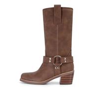 MAIJED Women's Square Toe Pull On Mid Calf Biker Riding Boots Chunky Block Heel Cowboy Western Motocycle Booties With Buckle Studs, Brown, 6 UK