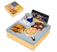 MAIJIAJU 1 PCS Bamboo Couch Cup Tray, Removable Divider Snack Storage Caddy | Silicone Anti Spill Design, Multi Slot Holder For Drinks Remote Phone Tablet, Fits Sofa Car RV Bed, Food Safe Snack Organizer