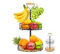 MAIJIAJU 2 Tier Fruit Bowl Basket with Banana Hanger Hook, Detachable Vegetable Rack Kitchen Countertop Organizer Storage with Handle, Large Capacity Metal Wire Fruit Holder Rack for Bread Veg, Black