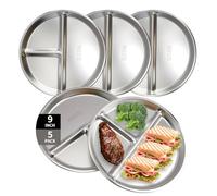 MAIJIAJU 5 Pack 304 Stainless Steel Divided Dinner Plates Set, 23cm 3 Compartment Portion Control Plates for Adults & Kids, Food Grade Unbreakable Reusable Diet Round Plate for Camping Household
