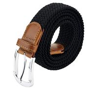 maikun Braided Elastic Stretch Woven Belt with Leather Tip Nickle Pin Buckle Black
