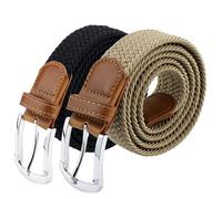maikun Braided Elastic Stretch Woven Belt with Leather Tip Nickle Pin Buckle Black Grey