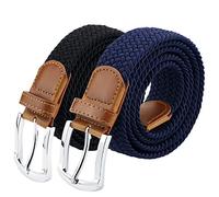 maikun Braided Elastic Stretch Woven Belt with Leather Tip Nickle Pin Buckle Black Khaki