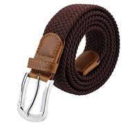 maikun Braided Elastic Stretch Woven Belt with Leather Tip Nickle Pin Buckle Coffee
