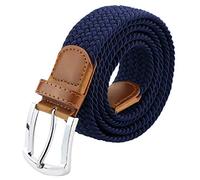maikun Braided Elastic Stretch Woven Belt with Leather Tip Nickle Pin Buckle Dark Blue