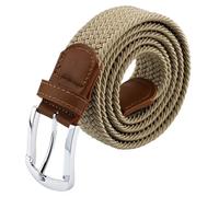 maikun Braided Elastic Stretch Woven Belt with Leather Tip Nickle Pin Buckle Khaki