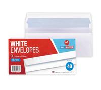 Mail Master White DL Envelopes, Self Seal, 110x220mm, Paper, Business Office Letter Mail, 40 Pack, Rectangular