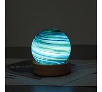 Maimeili Earth Green Planet Glass Ball Lamp with Wooden Base Three-Color Dimming Design Swirl Planet Table Lamp Suit for Bedroom Nightstand Living Room USB Plug