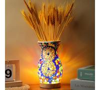 Maimeili Retro Turkish Mosaic Vase Lamp Turkish Moroccan Table Lamp Colorful Handmade Glass Vase with Wood Base for Flowers USB Charge Decor Light for Bedroom Ambient Living Room Farmhouse