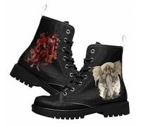 Maimeili Women Printed Ankle Boots with Flower Butterfly Skull Angel Witch Mushroom Plaid Stylish Floral Platform Lace-up Leather Combat Booties Casual Everyday Party Halloween Christmas