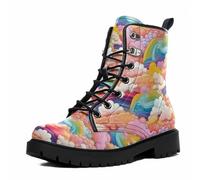 Maimeili Women Printed Ankle Boots with Flower Dragon Flower Graffiti Pattern Cookie Stylish Floral Platform Lace-up Leather Combat Booties Casual Everyday Party Halloween Christmas