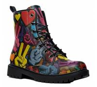 Maimeili Women Printed Ankle Boots with Flower Dragon Flower Graffiti Pattern Cookie Stylish Floral Platform Lace-up Leather Combat Booties Casual Everyday Party Halloween Christmas