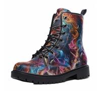 Maimeili Women Printed Ankle Boots with Flower Dragon Flower Graffiti Pattern Cookie Stylish Floral Platform Lace-up Leather Combat Booties Casual Everyday Party Halloween Christmas