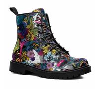 Maimeili Women Printed Ankle Boots with Flower Dragon Flower Graffiti Pattern Cookie Stylish Floral Platform Lace-up Leather Combat Booties Casual Everyday Party Halloween Christmas