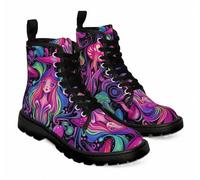 Maimeili Women Printed Ankle Boots with Jellyfish Girl Skull Mushroom Ocean Natural Scenery Stylish Platform Lace-up Leather Combat Booties Casual Everyday Party Halloween Christmas