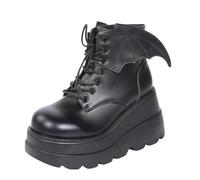 Maimeili Women's Gothic Platform Combat Boots with Bat Wings Lace-up with Buckle Straps Ankle Boots Chunky Platform Sole Fashion Studded Motorcycle Boots
