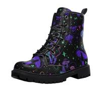 Maimeili Women's Printed Short Boots Lace-up Chunky Heel Combat Ankle Booties for Girls Ladies Autumn and Winter Shoes Rose Skull Cartoon Pattern