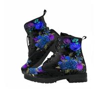 Maimeili Women's Printed Short Boots Lace-up Chunky Heel Combat Ankle Booties for Girls Ladies Autumn and Winter Shoes Rose Skull Butterfly FLowers Cartoon Pattern
