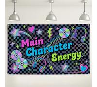 Main Character Energy Backdrop, Colorful Retro Party Decorations, Fun Neon Pattern for Photography Events, Birthday Celebration Background 71x43 Inch