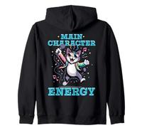 Main Character Energy Cat Singer Retro 80s Pop Art Style Zip Hoodie