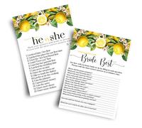 Main Squeeze Bridal Shower Games - 25 Pack, He or She Said and Bride Best Fun Wedding Reception Guest Activities, Couples Engagement Party Games, Lemon Decor Ideas, Double-Sided Card Design