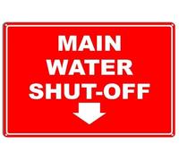 Main Water Shut-Off Arrow Down Sign - Caution Safety Aluminum Warning, Indoor & Outdoor For Home, Office (Red), Black-5 Retro Metal Tin Sign 8X12 Inches